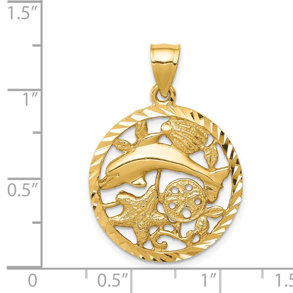 14K Diamond-cut Dolphin and Shells Circle Pendant (C4598)