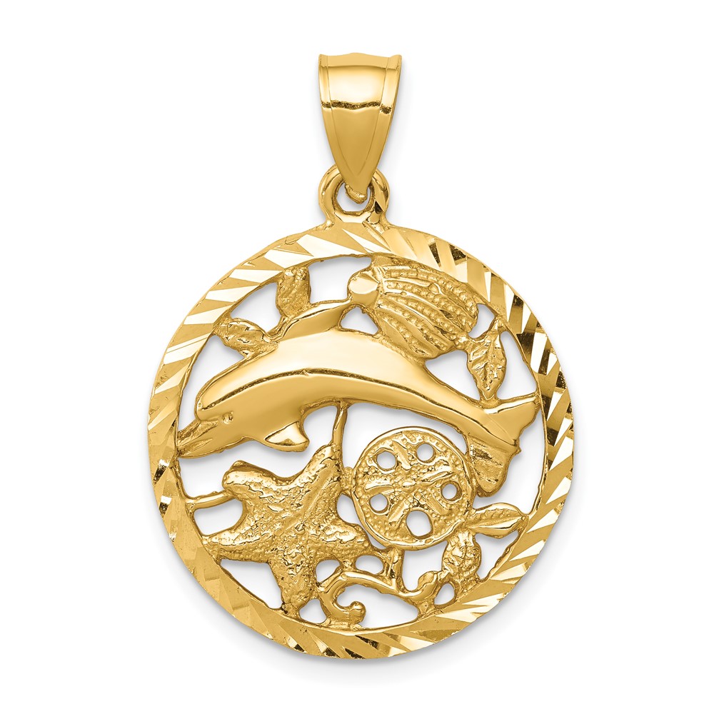 14K Diamond-cut Dolphin and Shells Circle Pendant (C4598)