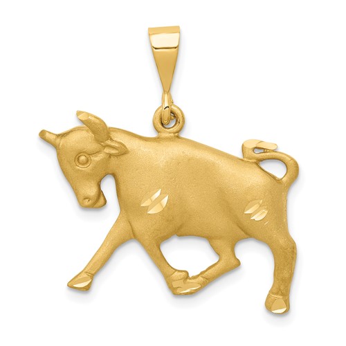 14K Yellow Gold Satin Diamond-cut Taurus Zodiac Charm