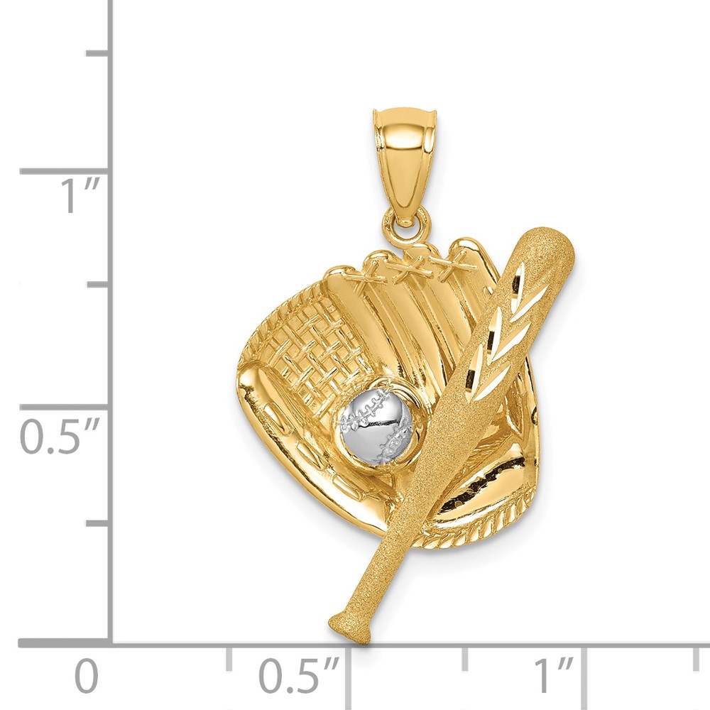 14K D/C White Rhodium Baseball Bat Glove Ball Pendant (C4687)
