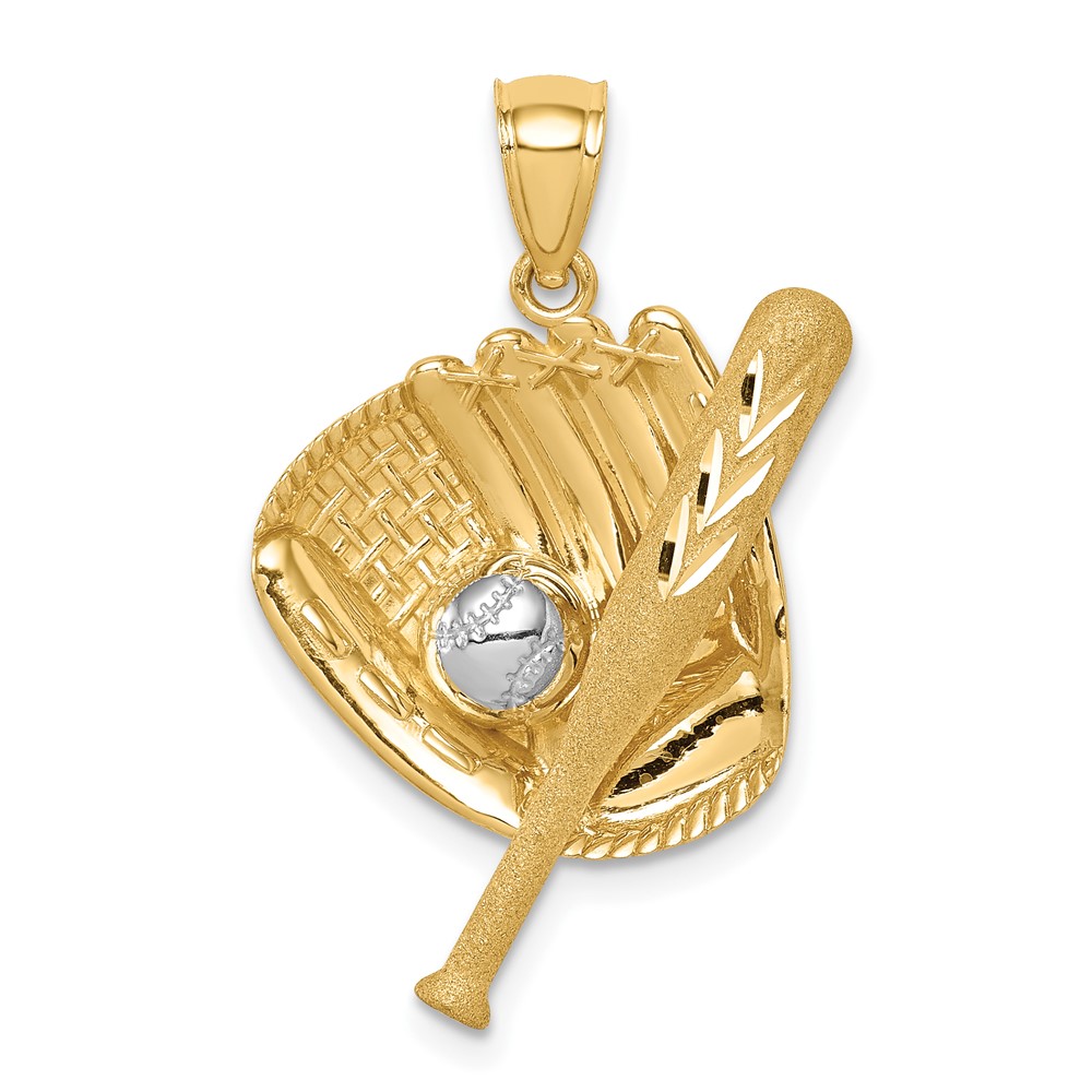14K D/C White Rhodium Baseball Bat Glove Ball Pendant (C4687)