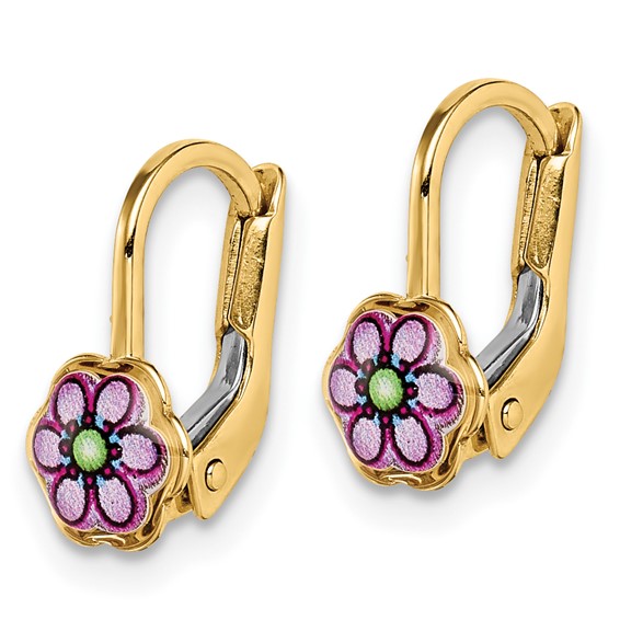 14K Enamel Flower Childrens Leverback Earrings