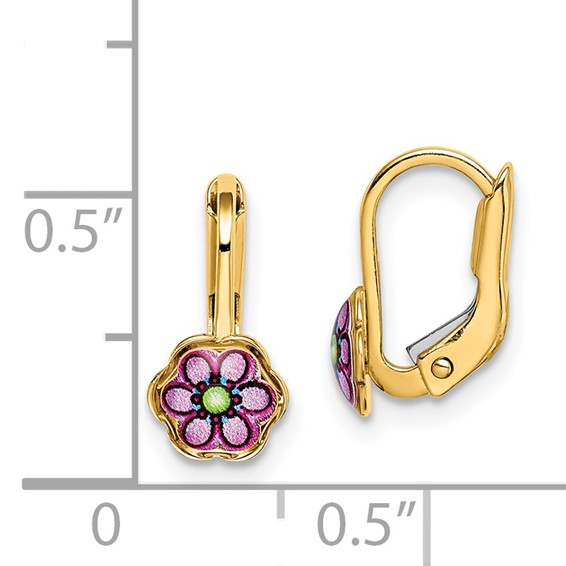 14K Enamel Flower Childrens Leverback Earrings