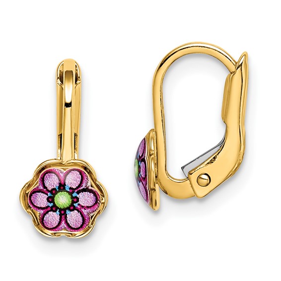 14K Enamel Flower Childrens Leverback Earrings