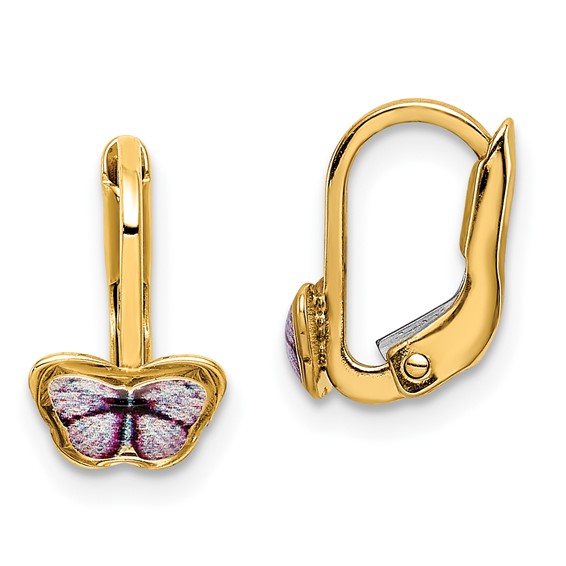 14K Enamel Butterfly Childrens Leverback Earrings