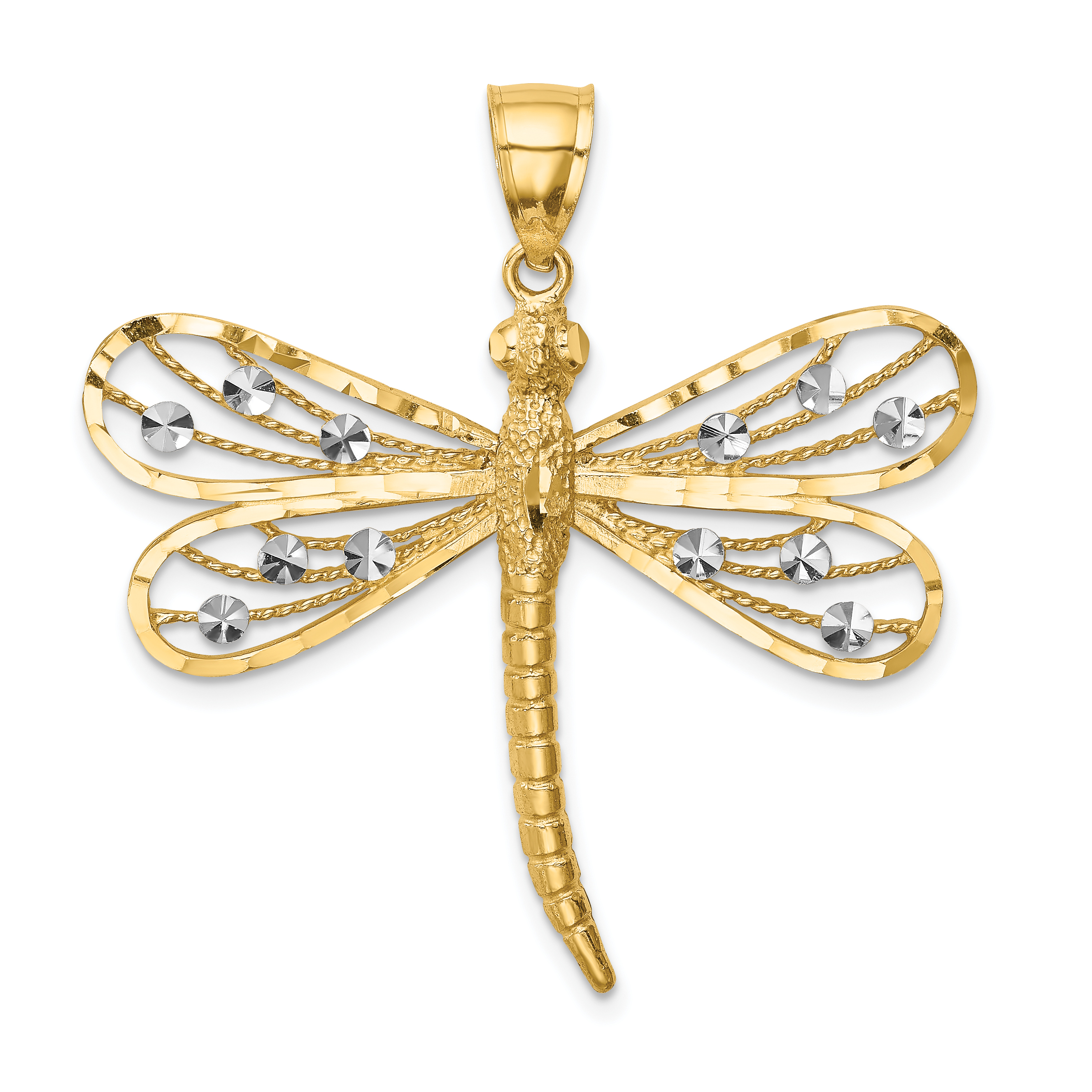 14K Diamond-cut White Rhodium Dragonfly Pendant (C4792)