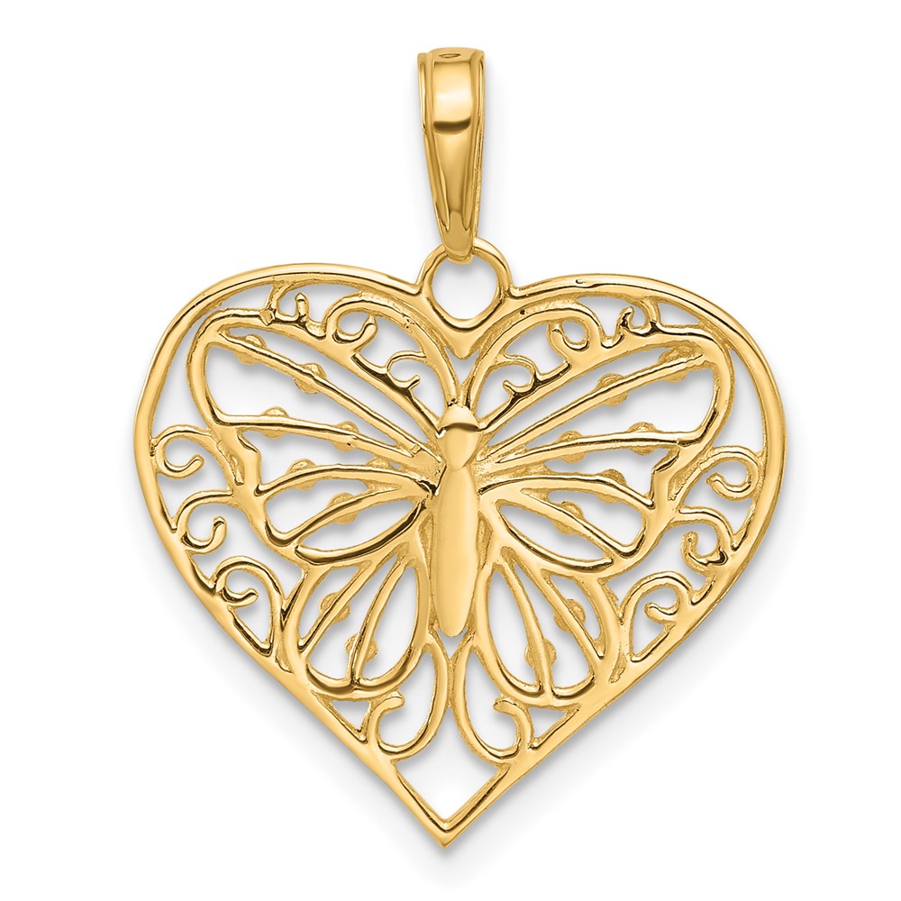 14K and White Rhodium D/C Butterfly Heart Pendant (C4844)