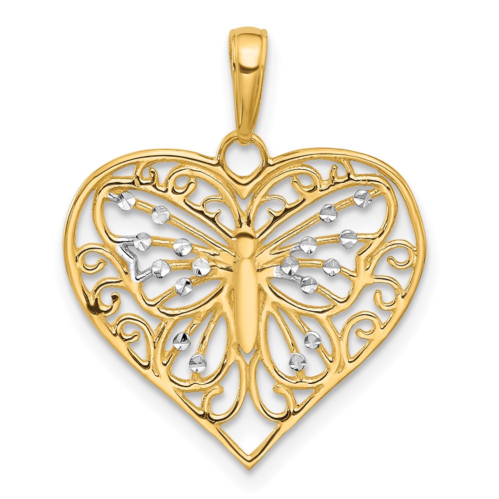 14K and White Rhodium D/C Butterfly Heart Pendant (C4844)