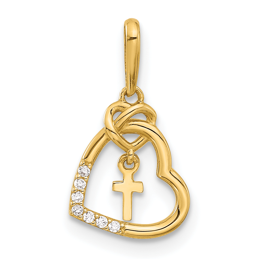 14k Polished CZ Heart w/Cross Dangle Pendant (C4847)