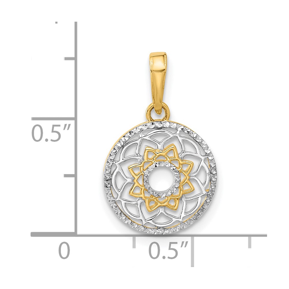 14k and White Rhodium Polished Floral Design Circle Pendant (C4869)