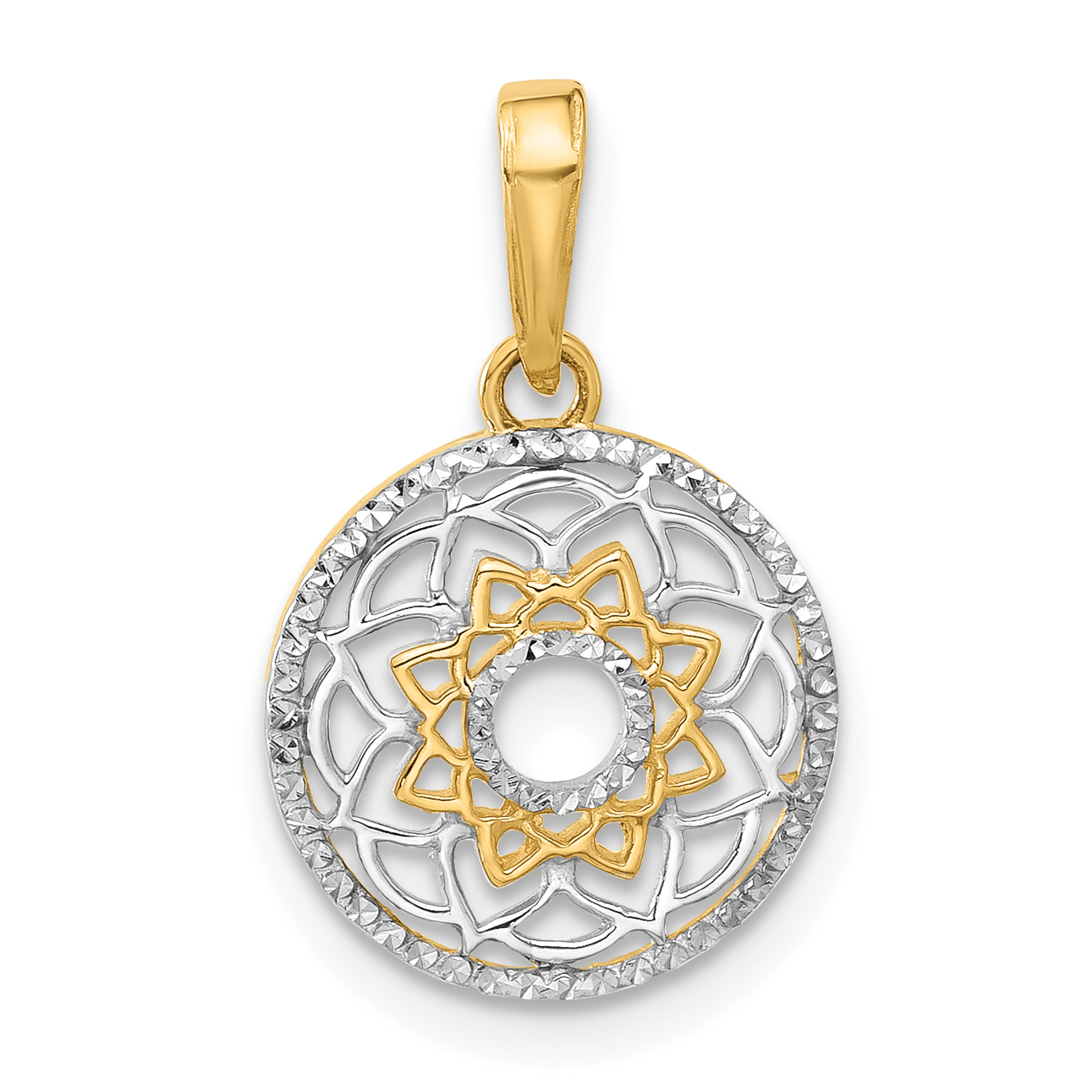 14k and White Rhodium Polished Floral Design Circle Pendant (C4869)