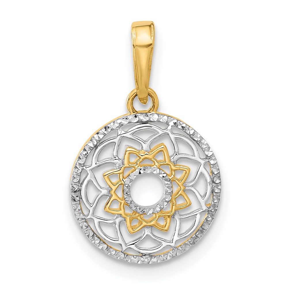 14k and White Rhodium Polished Floral Design Circle Pendant (C4869)