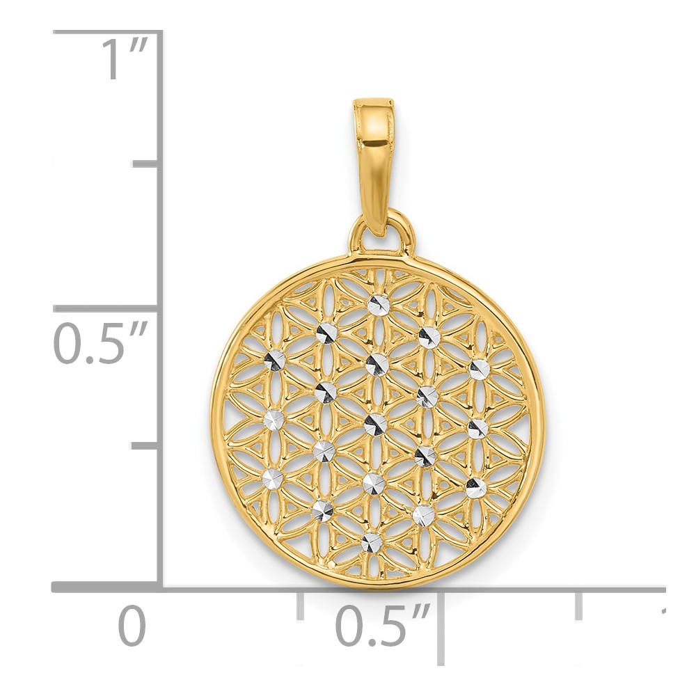 14K and Rhodium Polished and D/C Flower Circle Pendant (C4871)