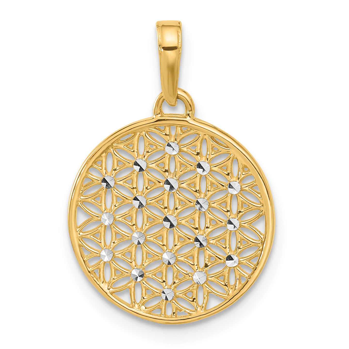 14K and Rhodium Polished and D/C Flower Circle Pendant (C4871)