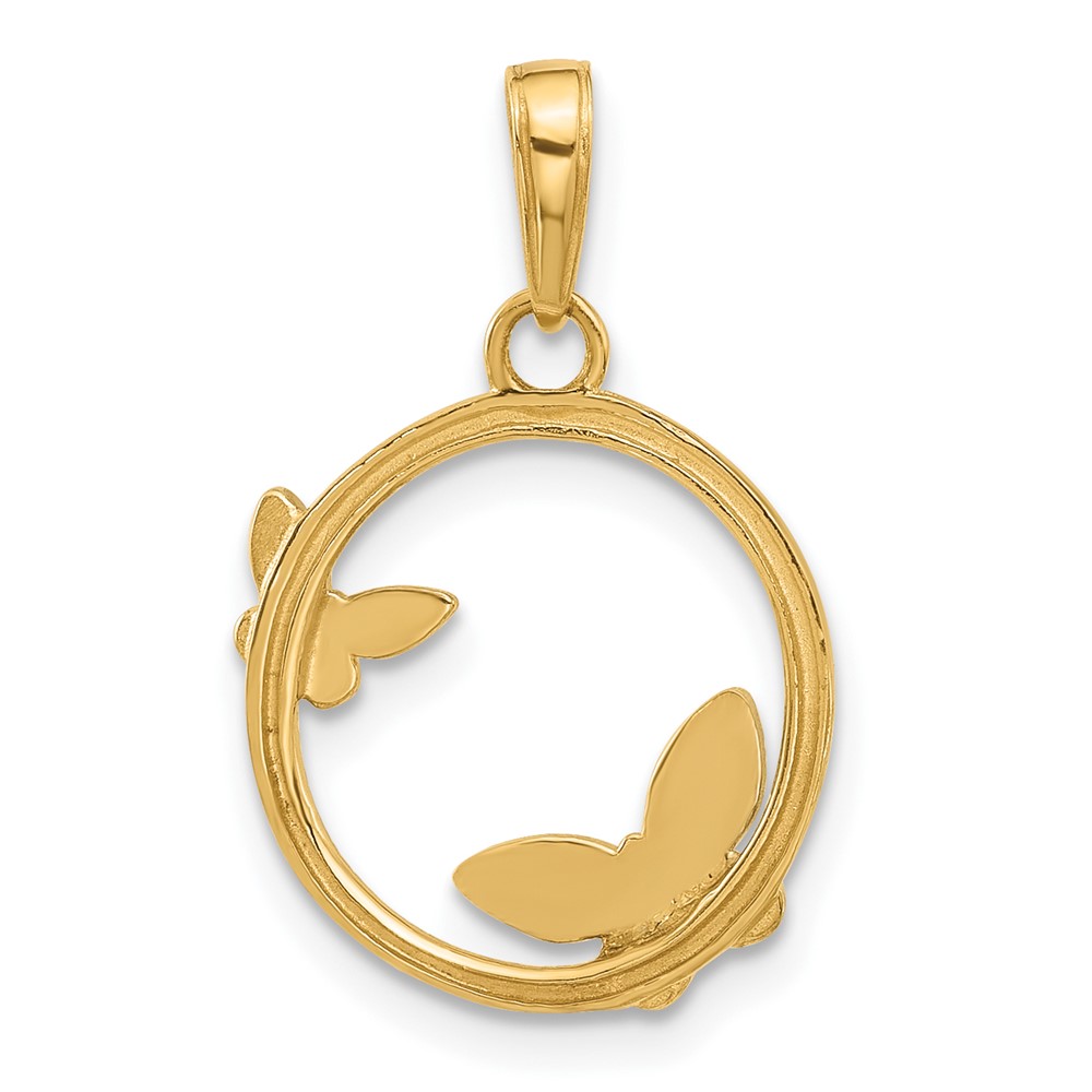 14K And White Rhodium D/C Butterflies on Circle Pendant (C4874)