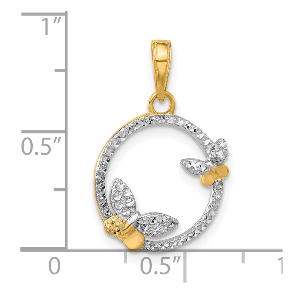 14K And White Rhodium D/C Butterflies on Circle Pendant (C4874)