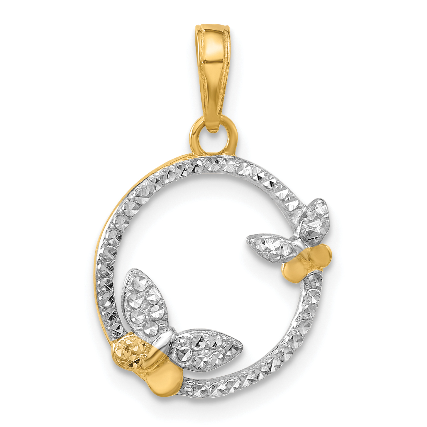 14K And White Rhodium D/C Butterflies on Circle Pendant (C4874)