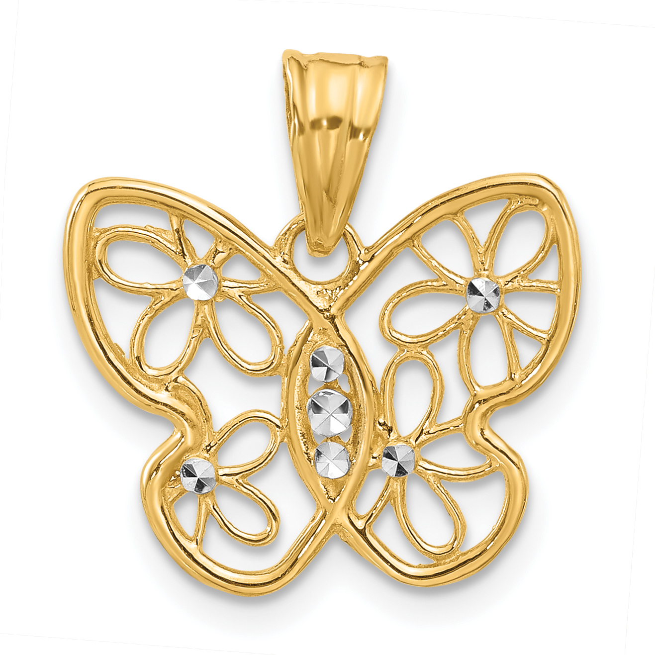 14K and White Rhodium Polished and D/C Flower Butterfly Pendant (C4877)