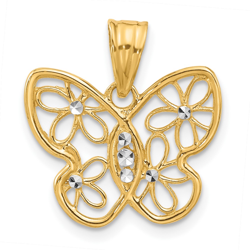 14K and White Rhodium Polished and D/C Flower Butterfly Pendant (C4877)
