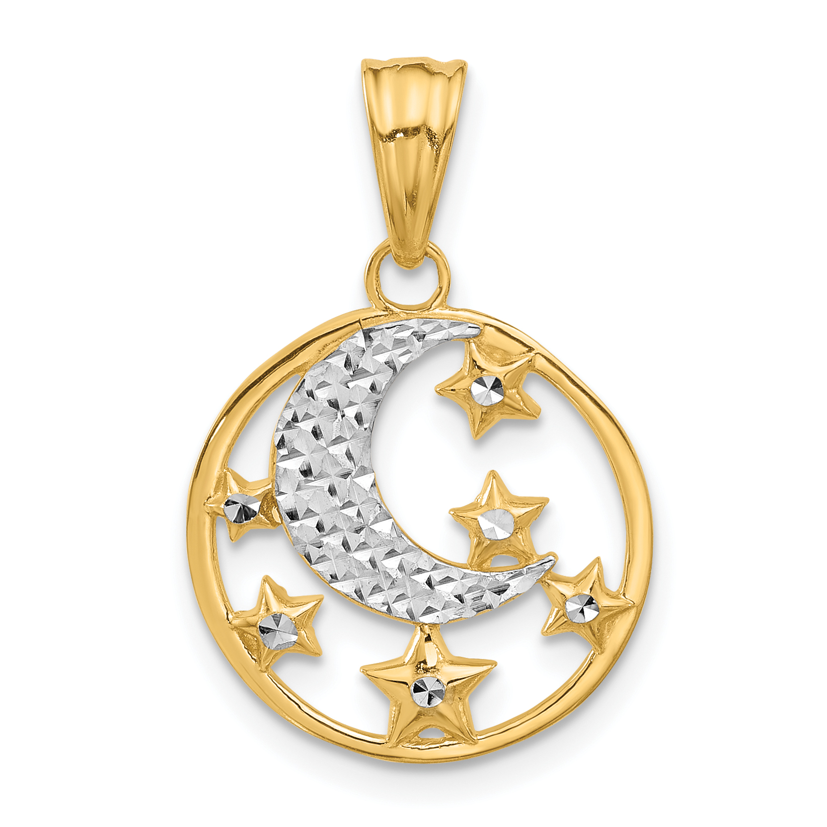 14K and White Rhodium D/C Moon and Stars Pendant (C4883)