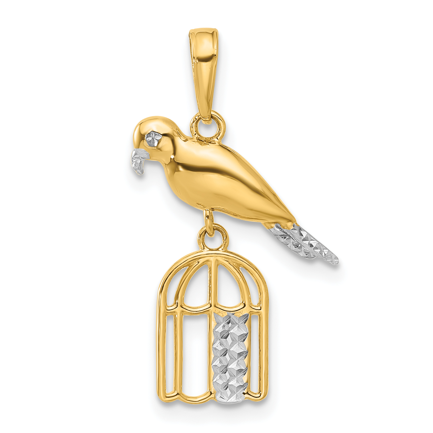 14K and White Rhodium D/C Bird on Bird Cage Pendant (C4897)