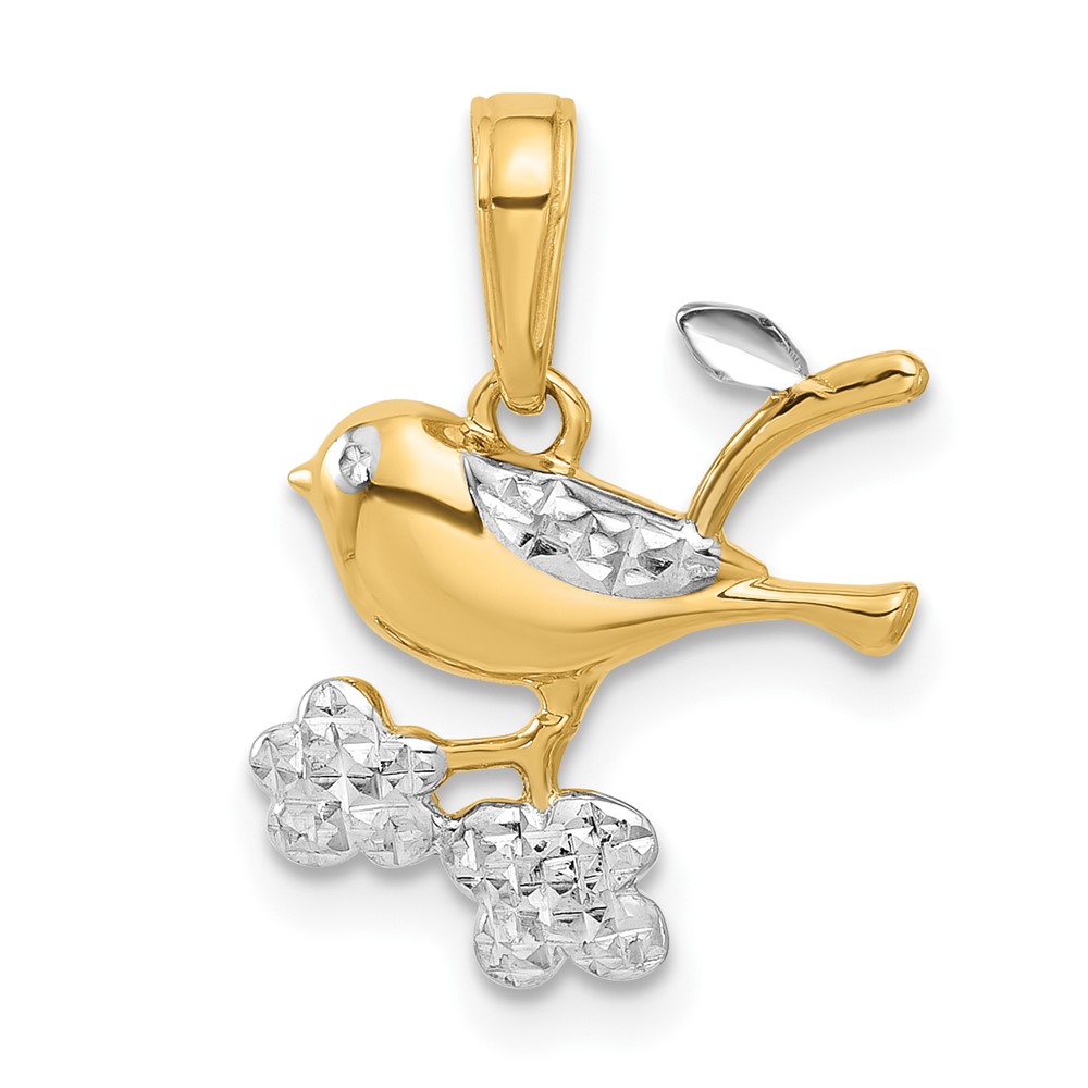 14K and White Rhodium D/C Bird on Branch Pendant (C4899)