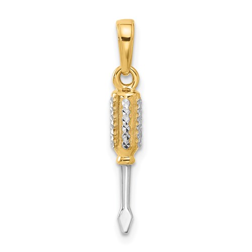 14K and White Rhodium Diamond-cut 3-D Flathead Screwdriver Pendant