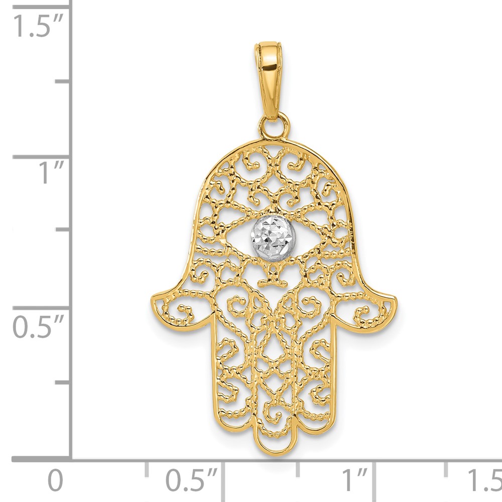 14k and White Rhodium D/C Filigree Hamsa Pendant (C4976)