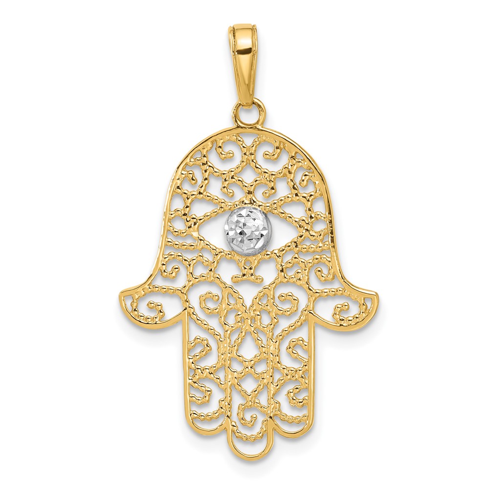 14k and White Rhodium D/C Filigree Hamsa Pendant (C4976)