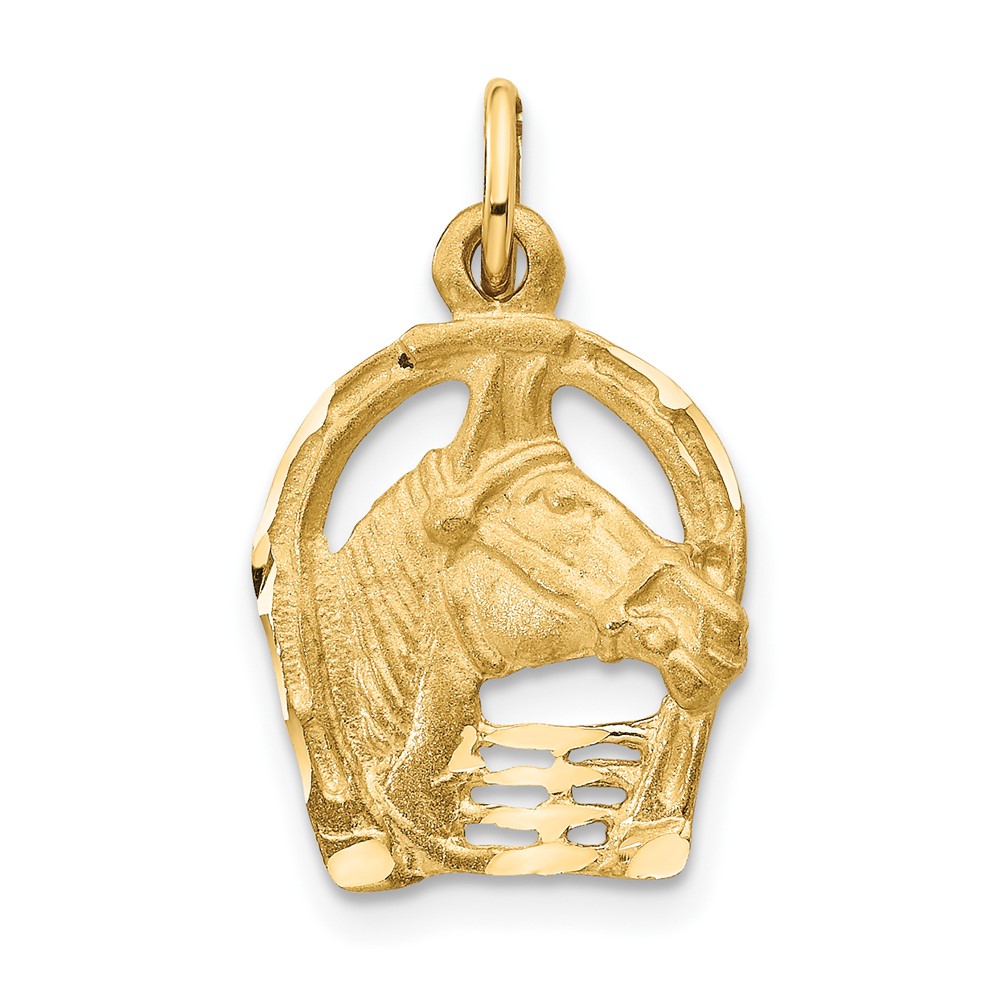 14K Yellow Gold Satin Diamond-cut Horse Head in Horseshoe Charm