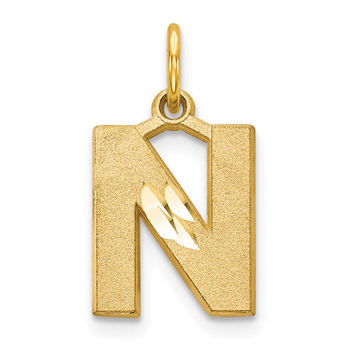 14K Yellow Gold Satin Diamond-cut Letter N Initial Charm