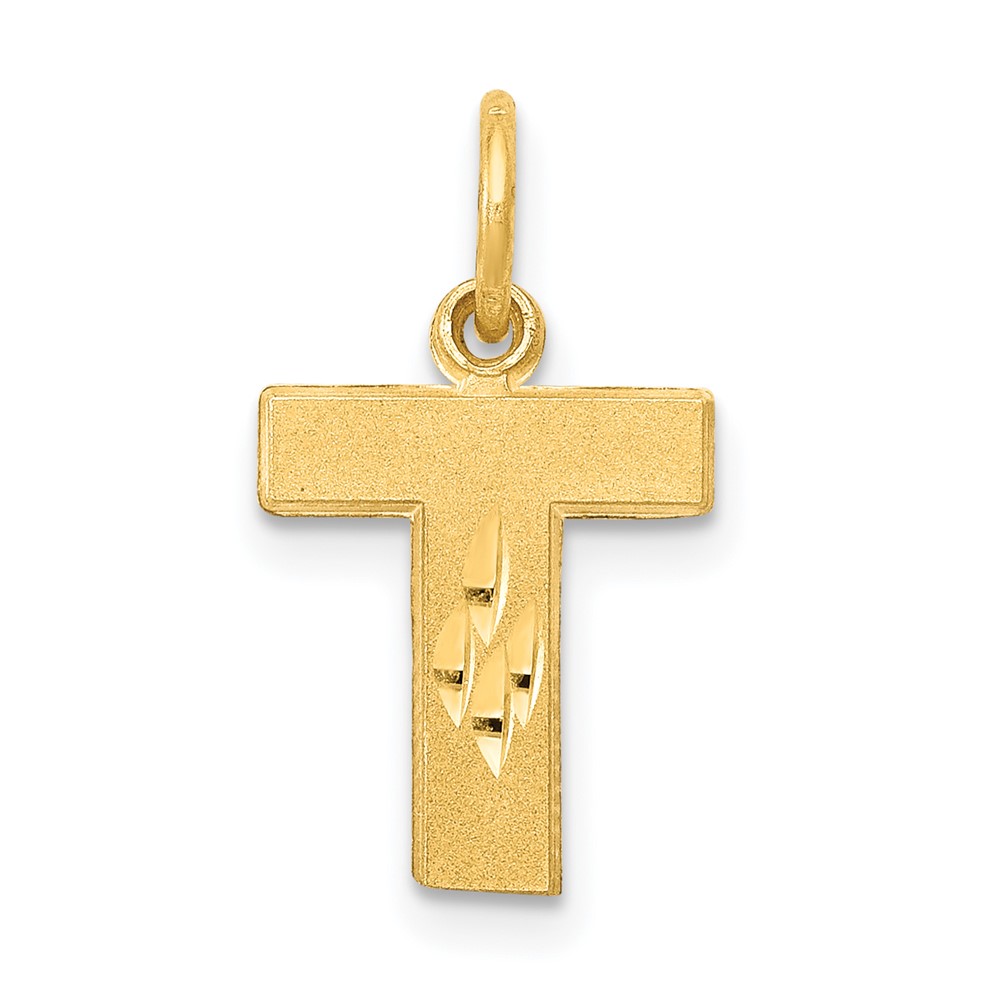 14K Yellow Gold Satin Diamond-cut Letter T Initial Charm