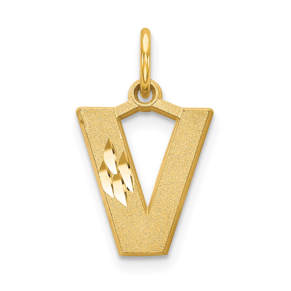 14K Yellow Gold Satin Diamond-cut Letter V Initial Charm