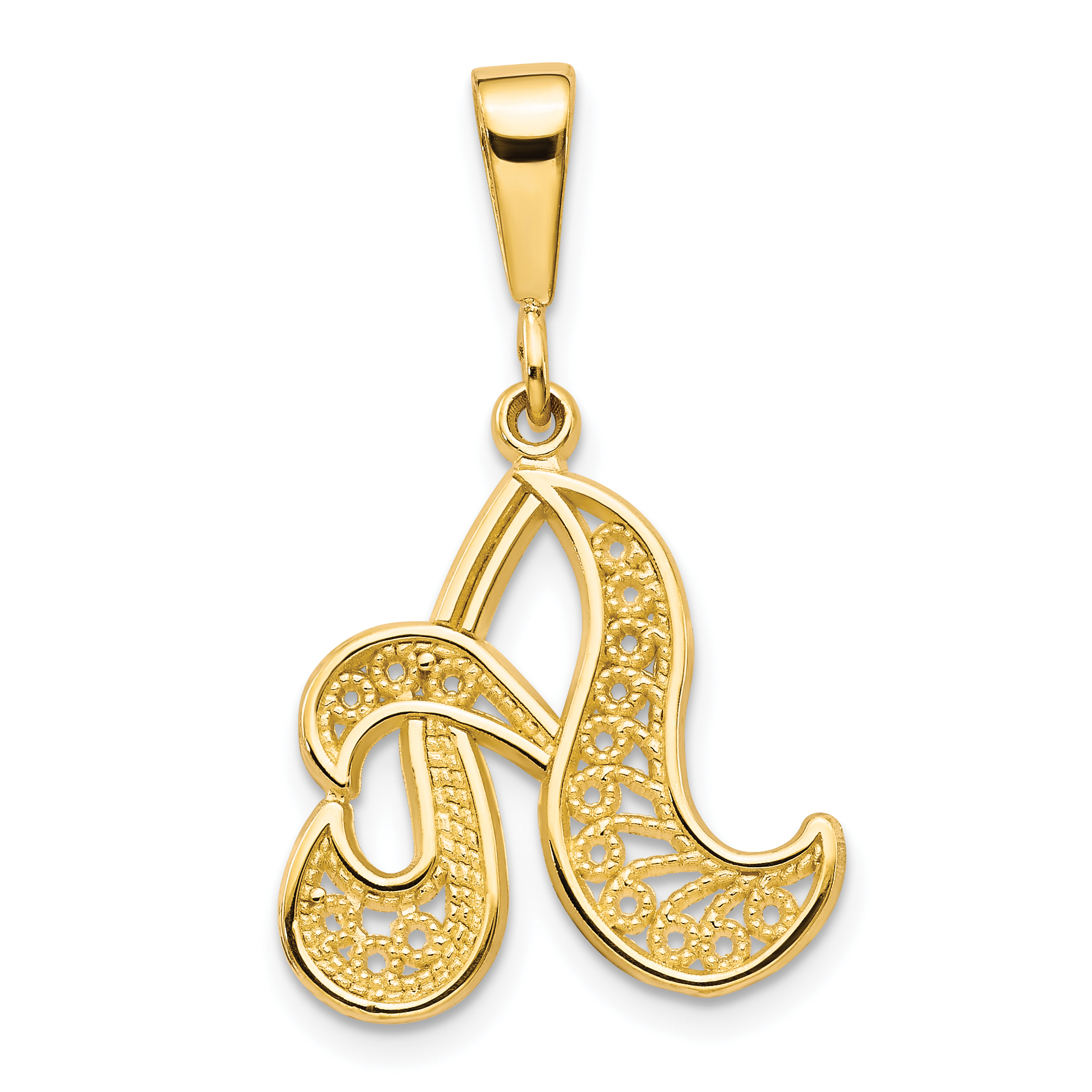 14KY Polished Script Filigree Letter A Initial Pendant (C569A)