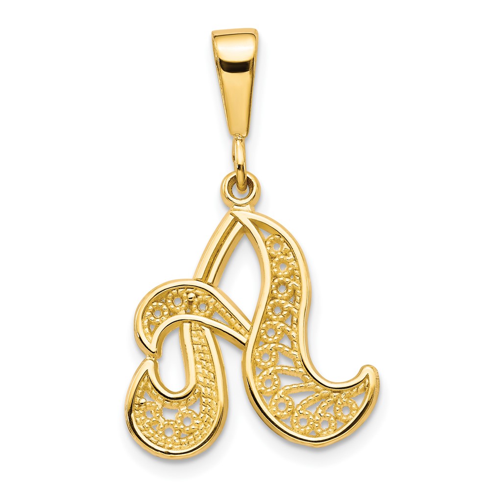 14KY Polished Script Filigree Letter A Initial Pendant (C569A)
