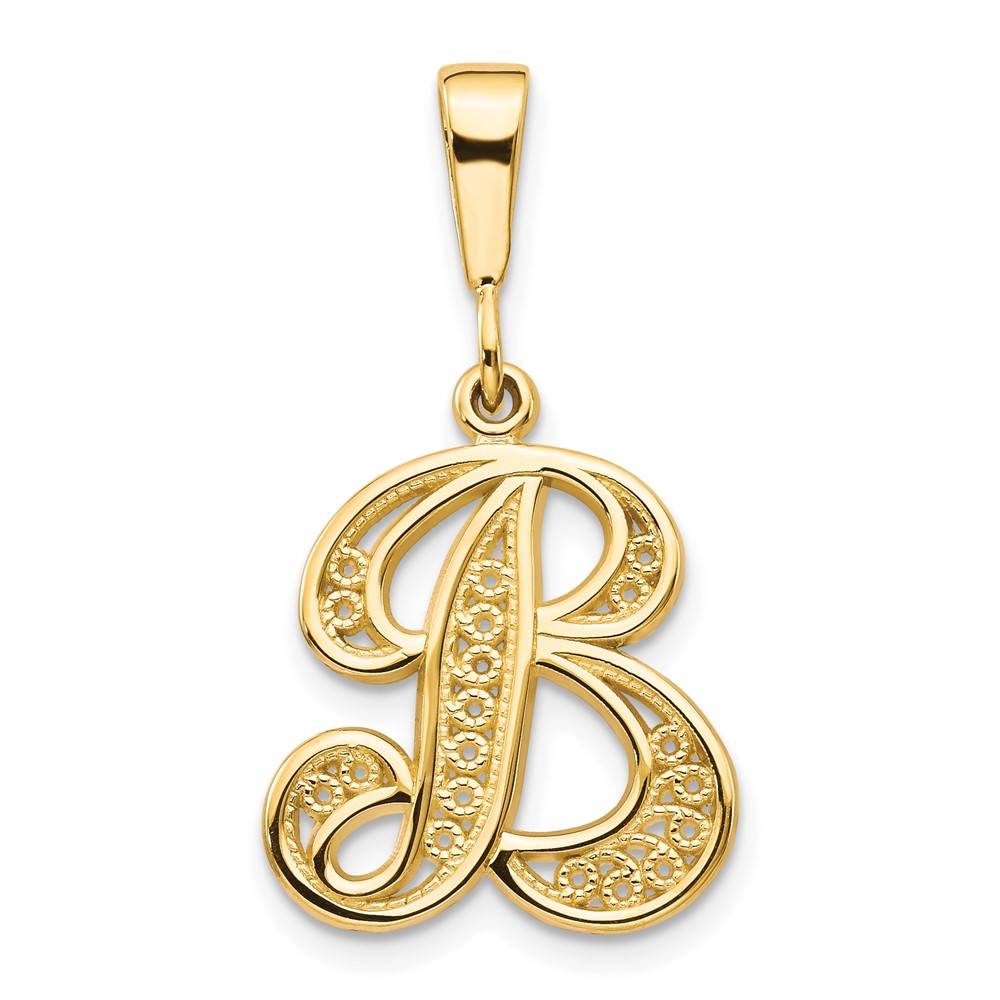 14KY Polished Script Filigree Letter B Initial Pendant (C569B)