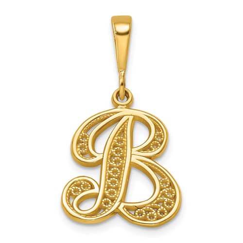 14K Yellow Gold Polished Script Filigree Letter B Initial Pendant