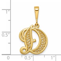 14K Yellow Gold Polished Script Filigree Letter D Initial Pendant view 4