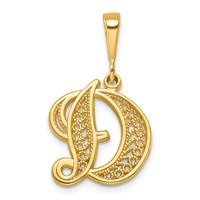 14K Yellow Gold Polished Script Filigree Letter D Initial Pendant view 1