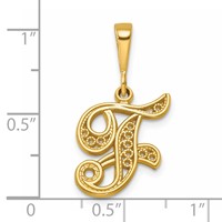 14K Yellow Gold Polished Script Filigree Letter F Initial Pendant view 4