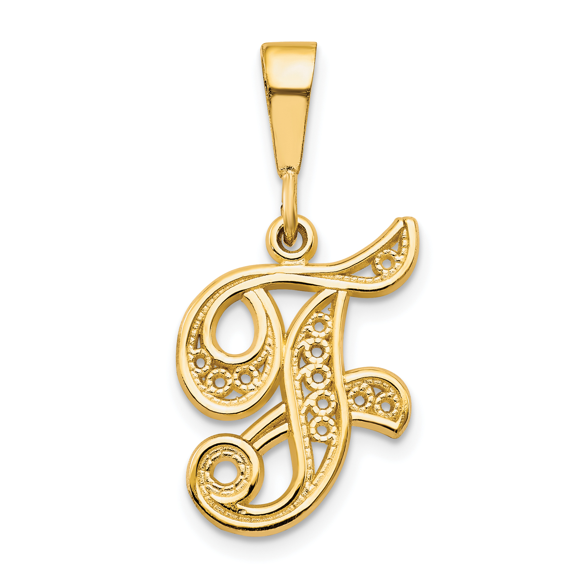14KY Polished Script Filigree Letter F Initial Pendant (C569F)