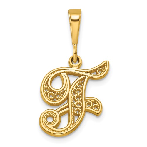 14K Yellow Gold Polished Script Filigree Letter F Initial Pendant