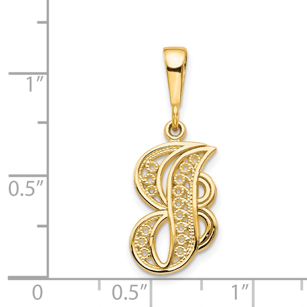 14KY Polished Script Filigree Letter J Initial Pendant (C569J)