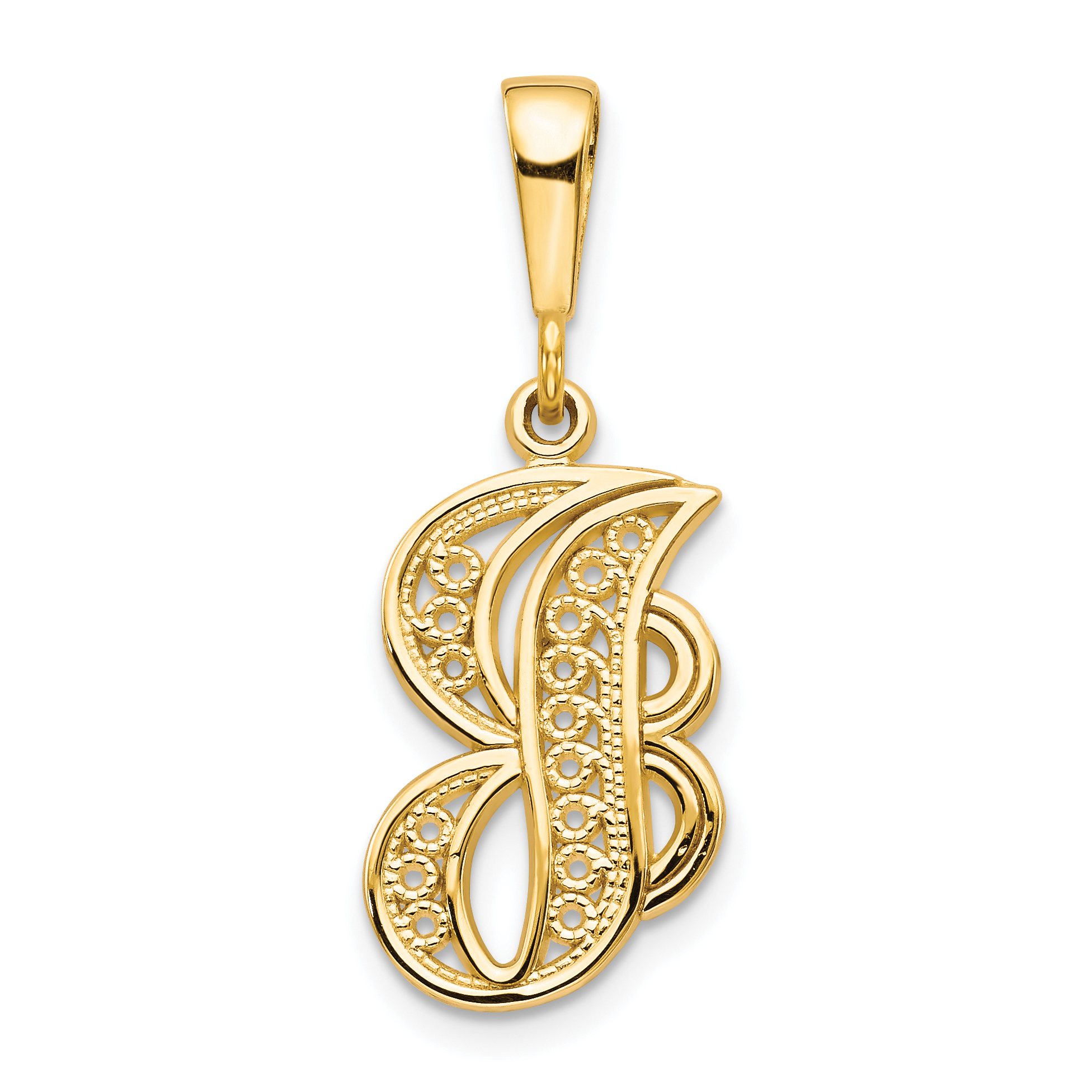 14KY Polished Script Filigree Letter J Initial Pendant (C569J)