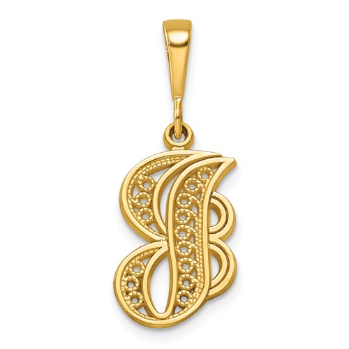 14K Yellow Gold Polished Script Filigree Letter J Initial Pendant