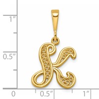 14K Yellow Gold Polished Script Filigree Letter K Initial Pendant view 4