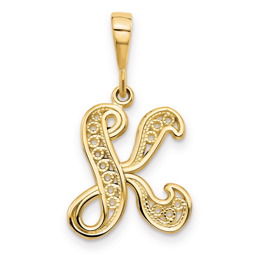 14KY Polished Script Filigree Letter K Initial Pendant (C569K)