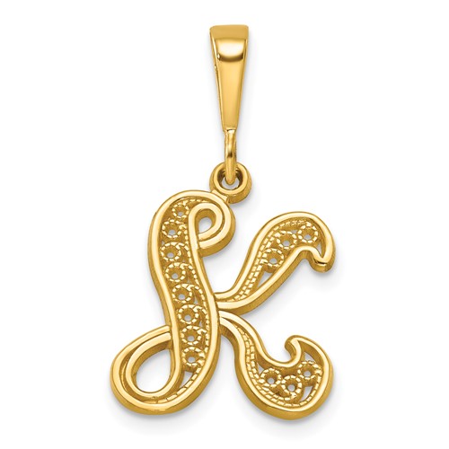 14K Yellow Gold Polished Script Filigree Letter K Initial Pendant