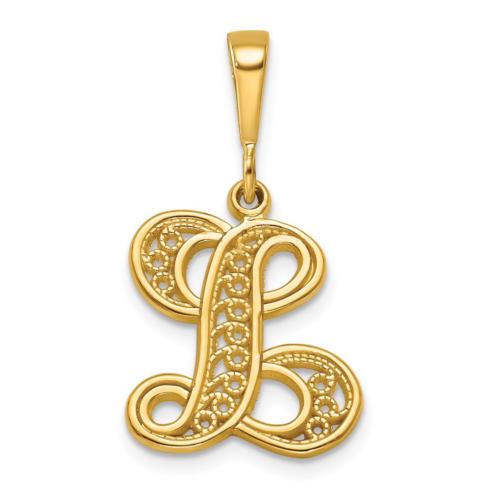 14K Yellow Gold Polished Script Filigree Letter L Initial Pendant