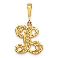 14K Yellow Gold Polished Script Filigree Letter L Initial Pendant view 1